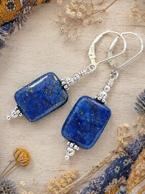Blue Lapis Gemstone Earrings Sterling Silver